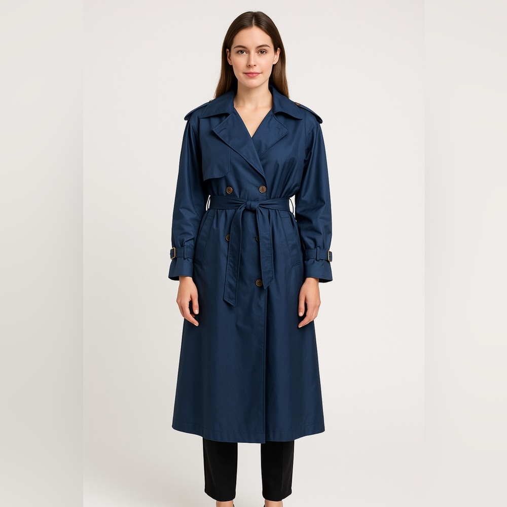 British Mist Navy Blue Long Trench Coat Size 8 Classic Belted Vintage(C3)✨